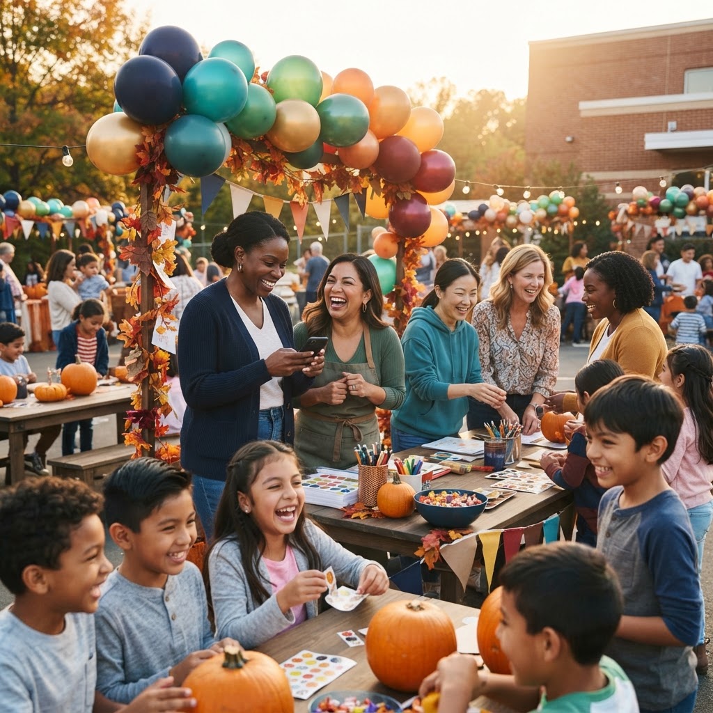 Joyful parent volunteers running a colorful school festival booth