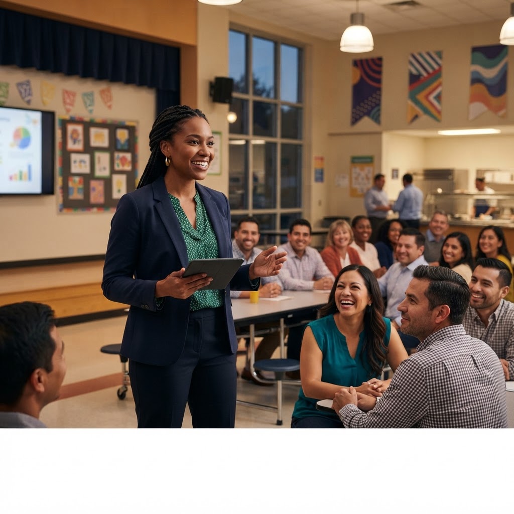 A confident PTA president leading a well-organized meeting